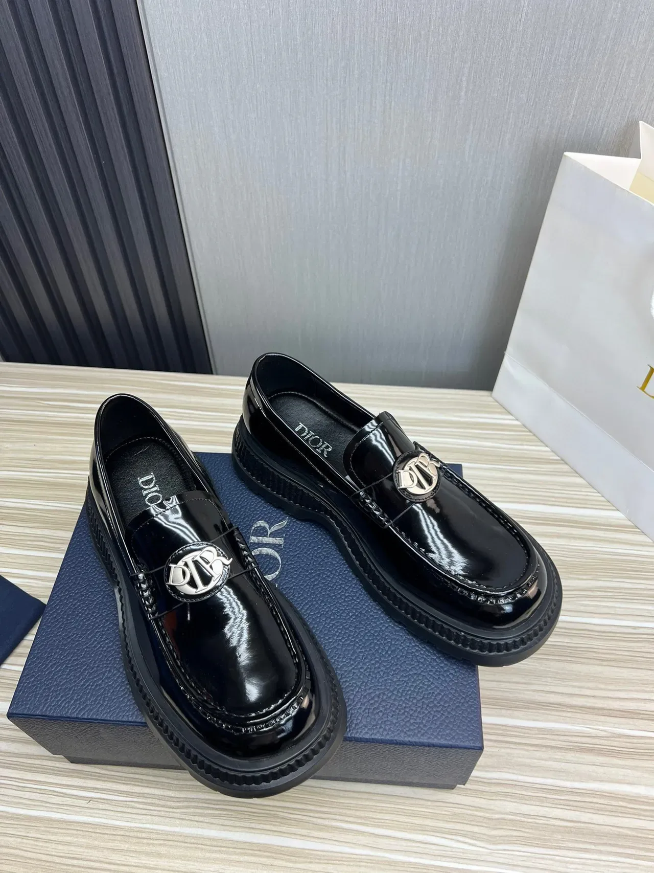 Dior Black Silver Patent Leather Monogram Buckle Loafer 3