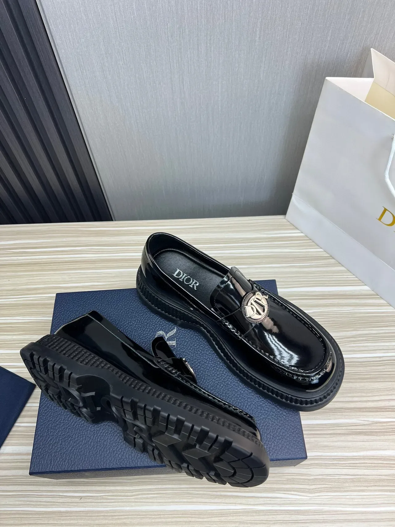 Dior Black Silver Patent Leather Monogram Buckle Loafer 6