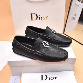 Dior Noir Argent Cuir Grainé Metal Boucle Détail Loafer