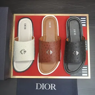 Dior Negro Blanco Cuero de Avestruz Texturizado Correa Única Chanclas Deslizantes