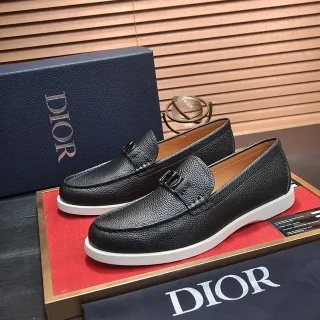 Dior Noir et Blanc Cuir Grainé en Forme de D Boucle Métallique Loafer
