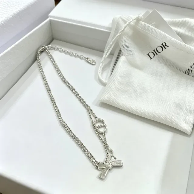 Dior Double-Chain CD Logo and Bow Pendant Necklace 8