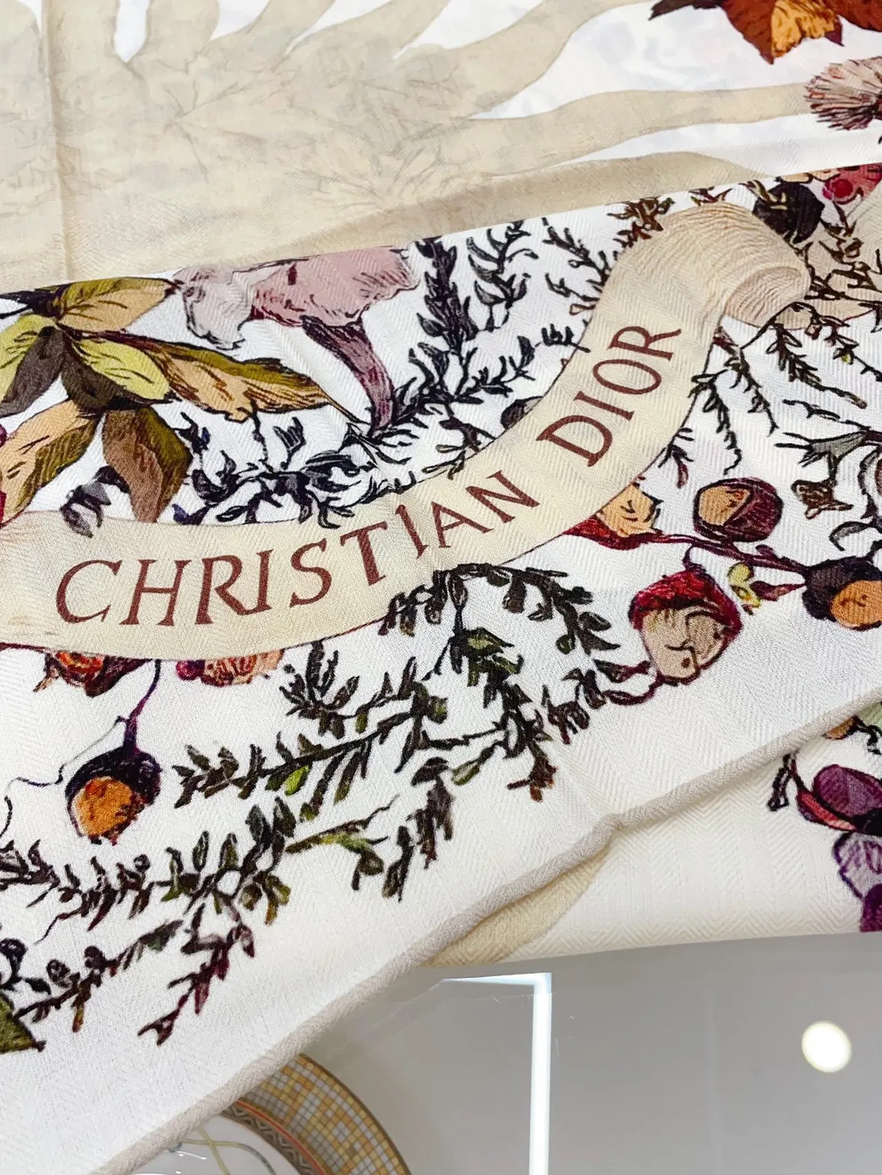 Dior Floral Botanical Print Cream Silk Scarf 9