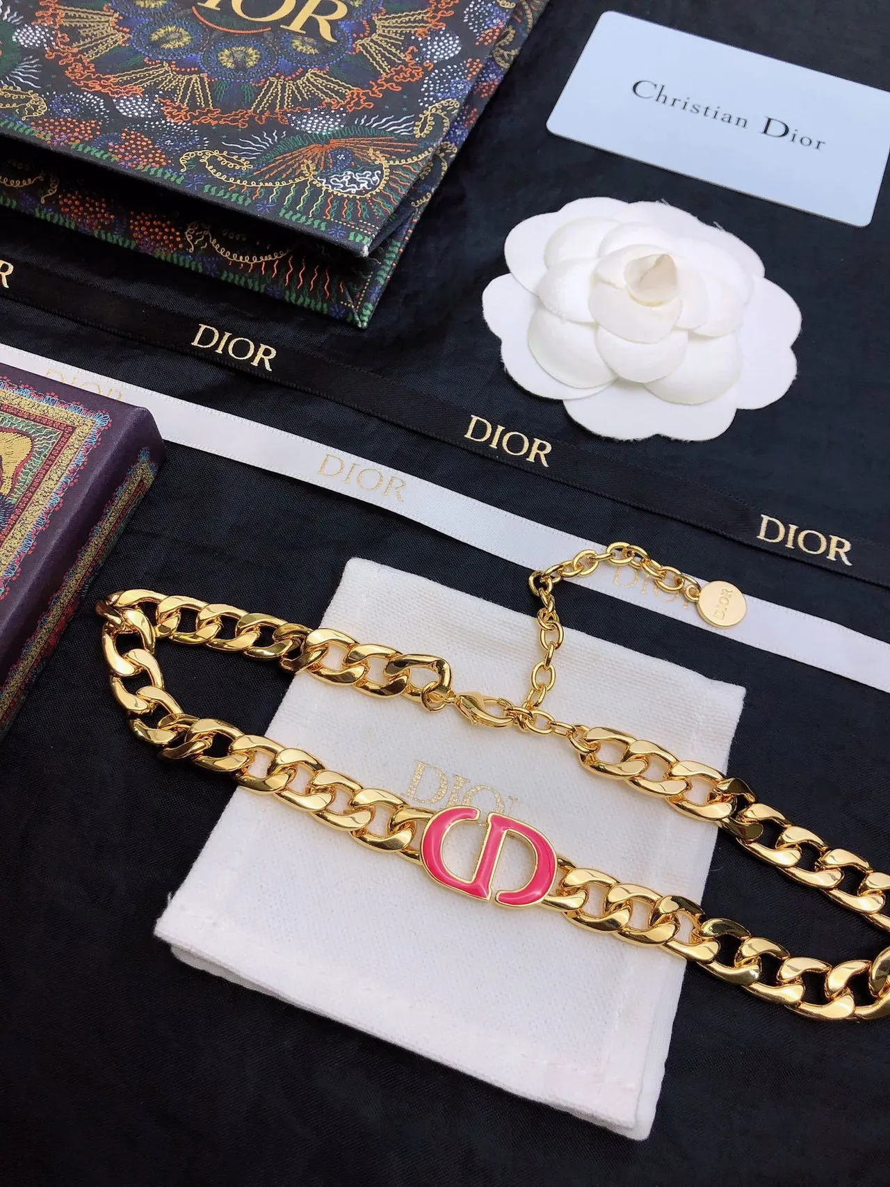 Dior Gold Pink Curb-Link Chain Enamel CD Logo Necklace 6