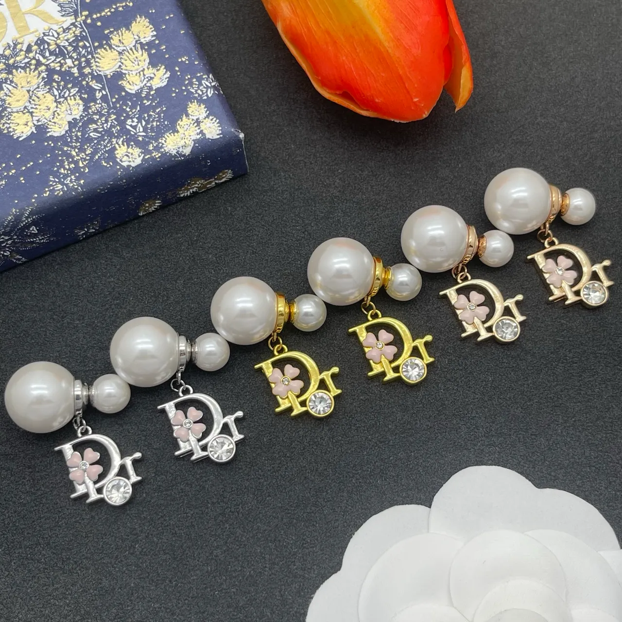Dior Gold Pink Metal Pearl Stud Earrings 2