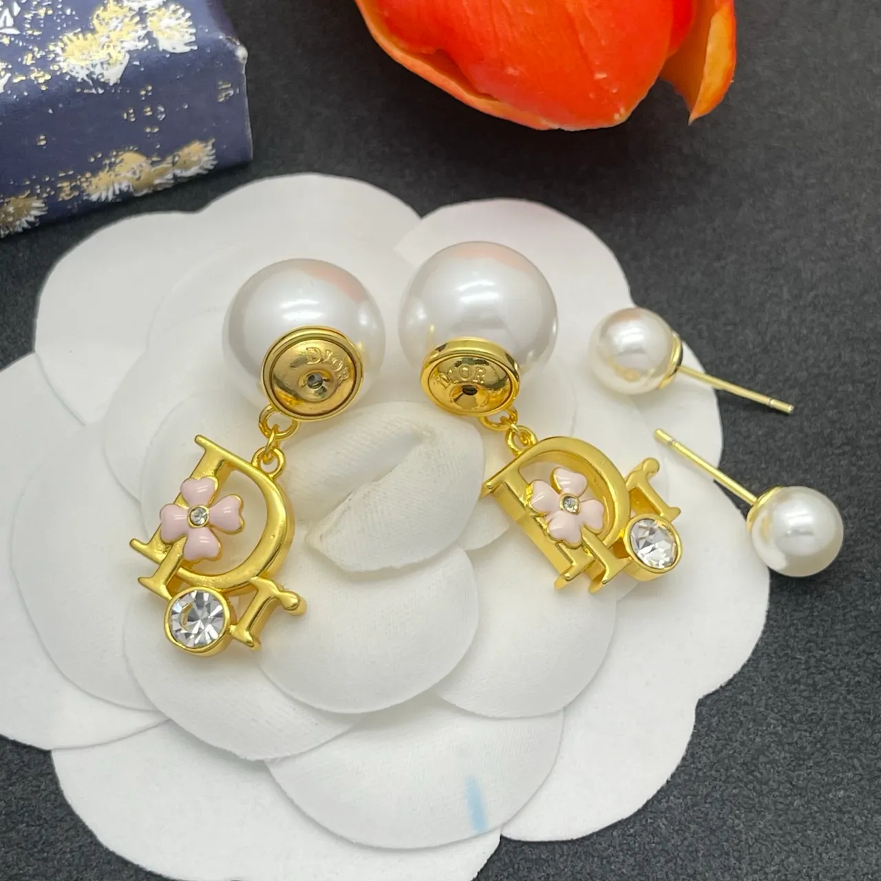 Dior Gold Pink Metal Pearl Stud Earrings 5