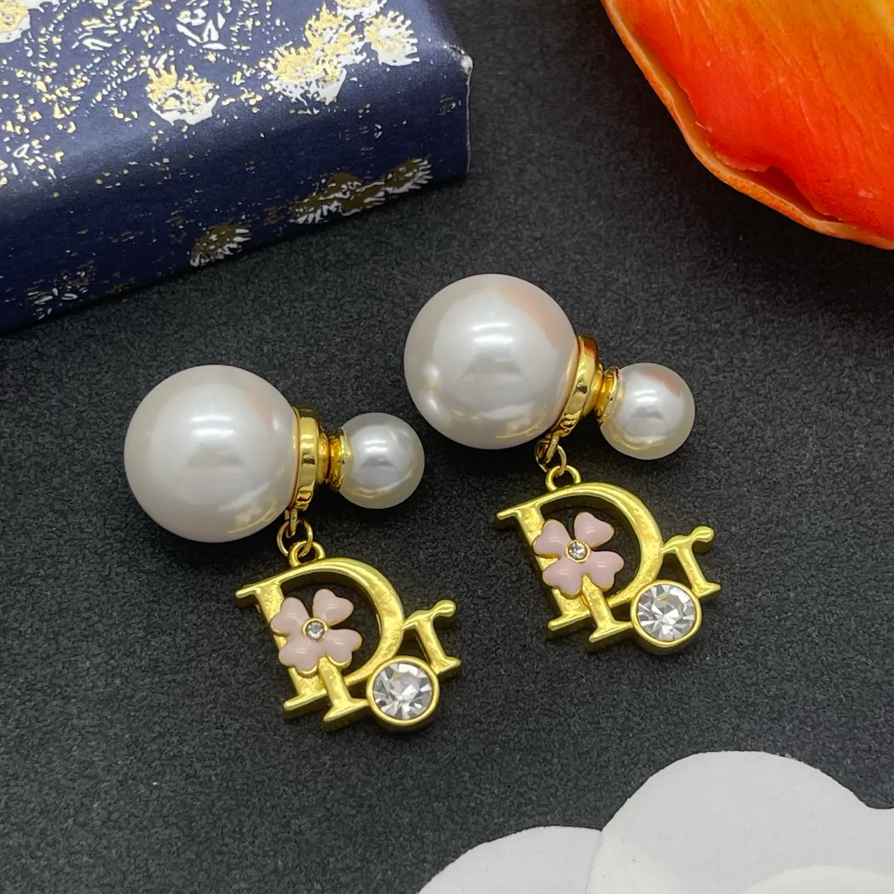 Dior Gold Pink Metal Pearl Stud Earrings 8