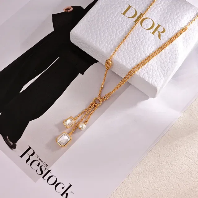Dior Gold White Chain Asymmetrical Pendant Necklace 3