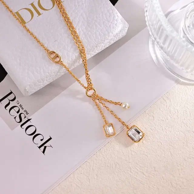 Dior Gold White Chain Asymmetrical Pendant Necklace 4