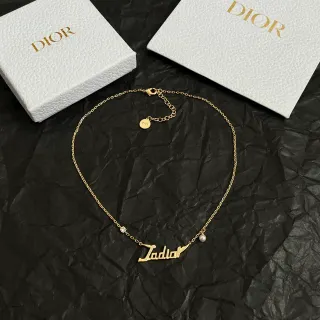 Dior Chaîne d'Or Blanc Plaque de Nom Pendentif Collier