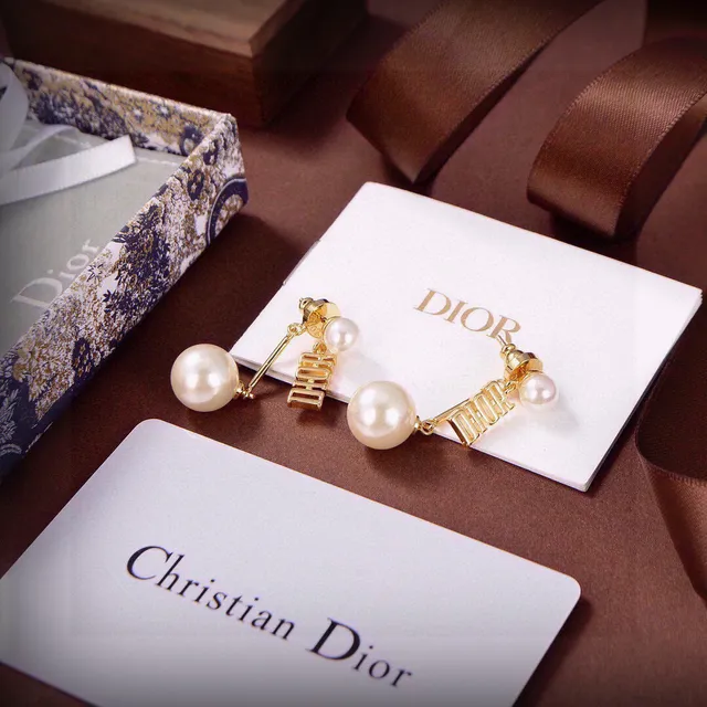 Dior Gold White Logo Bar Double-Pearl Drop Earrings 2