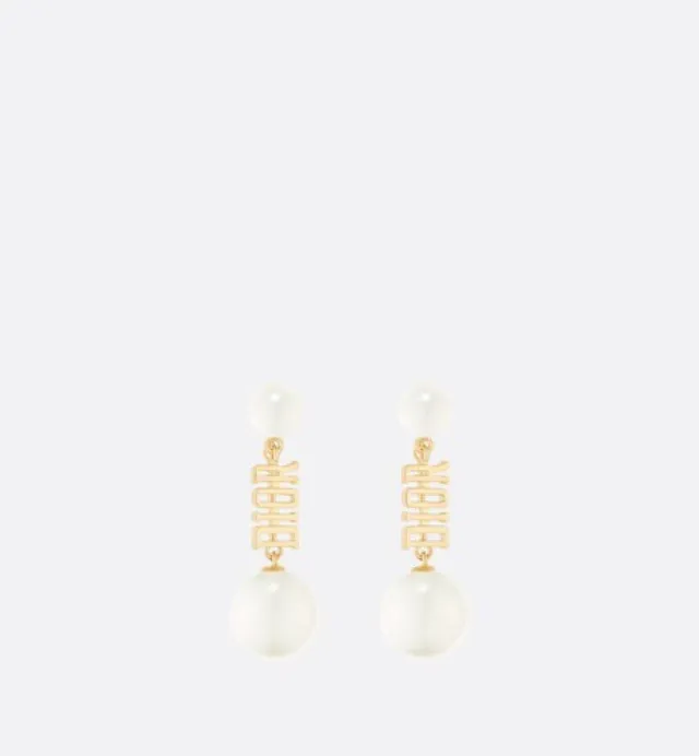Dior Gold White Logo Bar Double-Pearl Drop Earrings 6