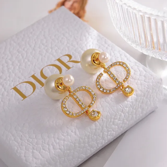 Dior Gold White Metal Pearl Stud Earrings 4