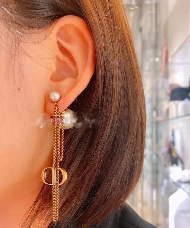 Dior Gold White Pearl-Stud Double-Chain Drop Earrings 8