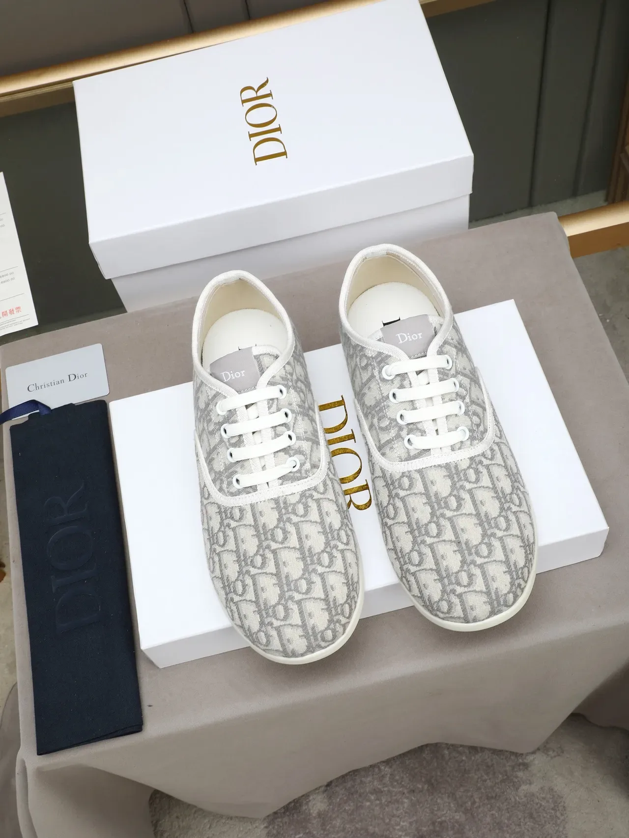 Dior Gray White Monogram Jacquard Upper Low-Top Lace-Up Lifestyle Sneakers 2