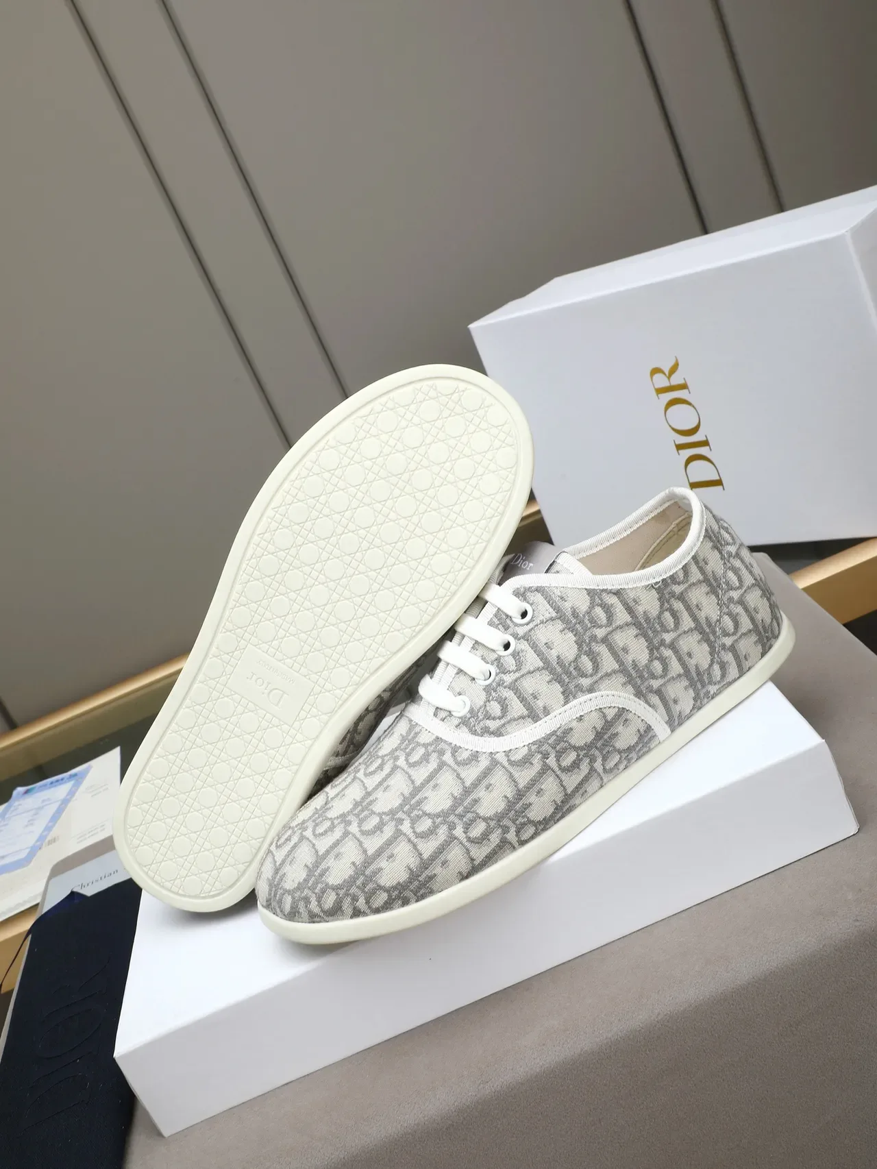 Dior Gray White Monogram Jacquard Upper Low-Top Lace-Up Lifestyle Sneakers 4