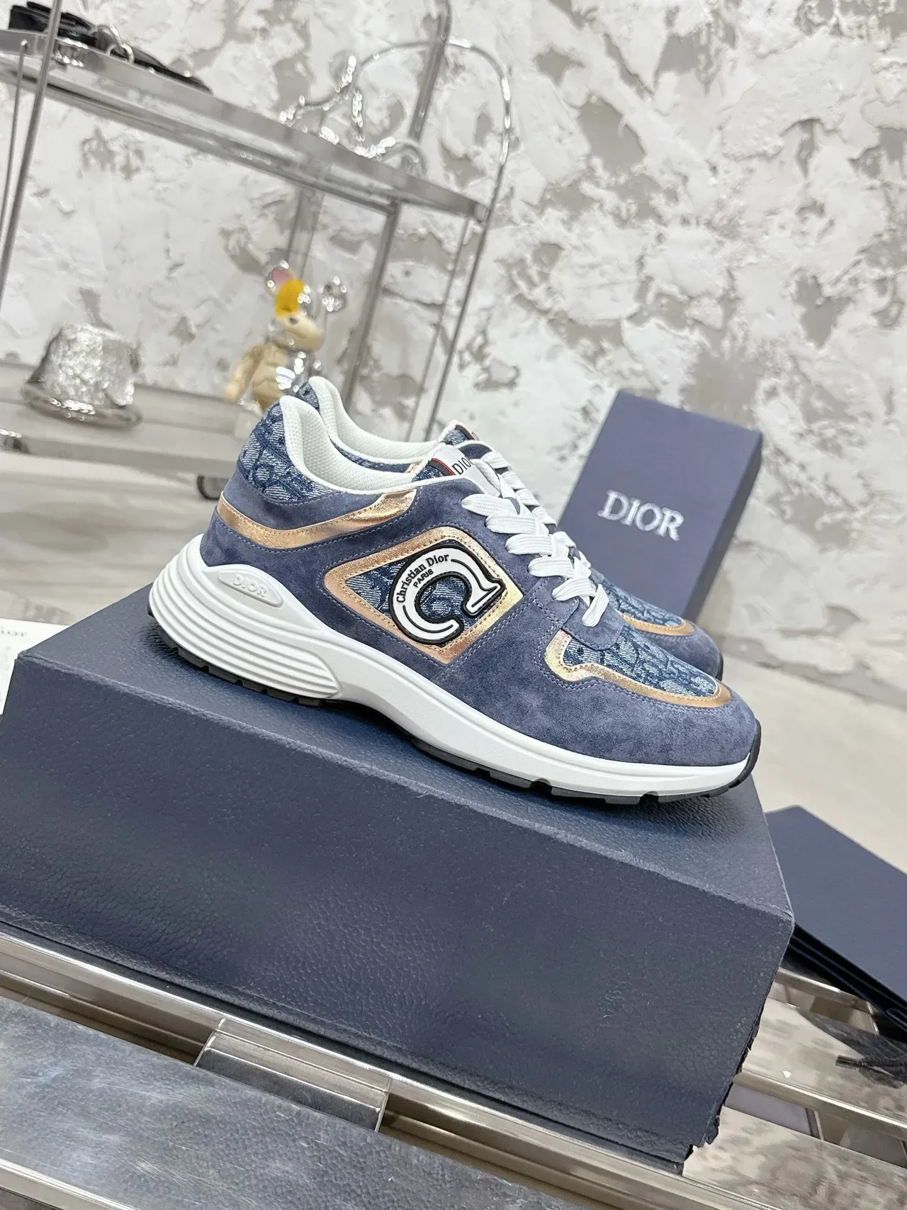 Dior 海军 金色 蓝色 麂皮 和 提花 金属 修边 生活方式 运动鞋 2