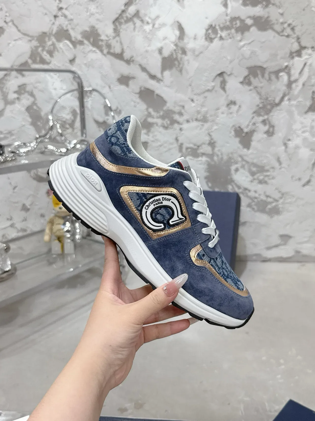 Dior 海军 金色 蓝色 麂皮 和 提花 金属 修边 生活方式 运动鞋 3