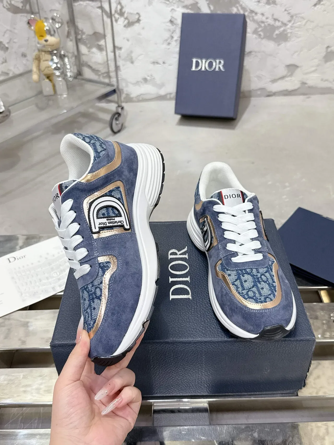 Dior 海军 金色 蓝色 麂皮 和 提花 金属 修边 生活方式 运动鞋 4