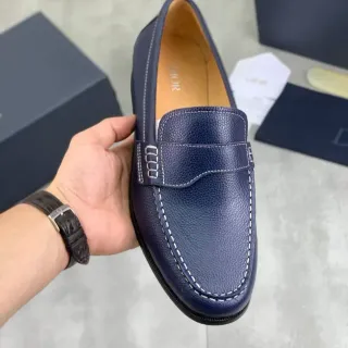 迪奥 海军白 颗粒皮革 对比缝线 乐福鞋