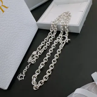 Dior Oblique Argent Blanc Épais Chaîne à maillons ovales Charme Logo Pendentif Collier