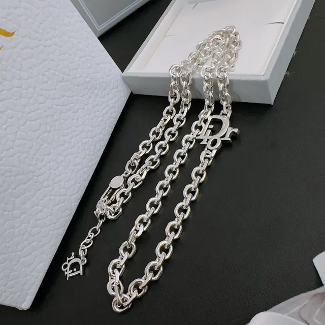 Dior Oblique فضي أبيض سميك سلسلة بيضاوية مرتبطة تعليق سحري بعلامة قلادة 3