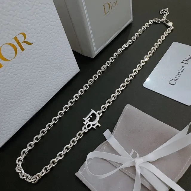 Dior Oblique فضي أبيض سميك سلسلة بيضاوية مرتبطة تعليق سحري بعلامة قلادة 4