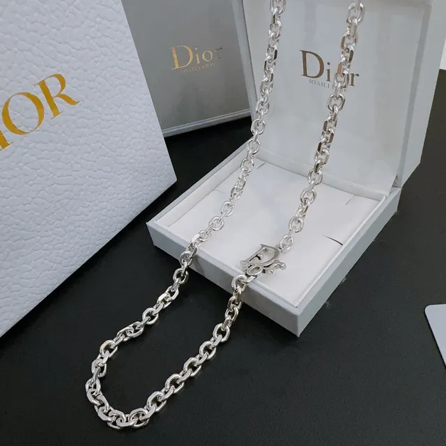 Dior Oblique فضي أبيض سميك سلسلة بيضاوية مرتبطة تعليق سحري بعلامة قلادة 6
