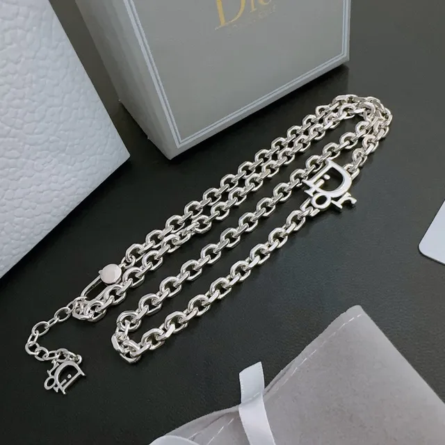 Dior Oblique فضي أبيض سميك سلسلة بيضاوية مرتبطة تعليق سحري بعلامة قلادة 8