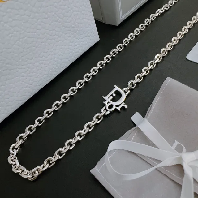 Dior Oblique فضي أبيض سميك سلسلة بيضاوية مرتبطة تعليق سحري بعلامة قلادة 9
