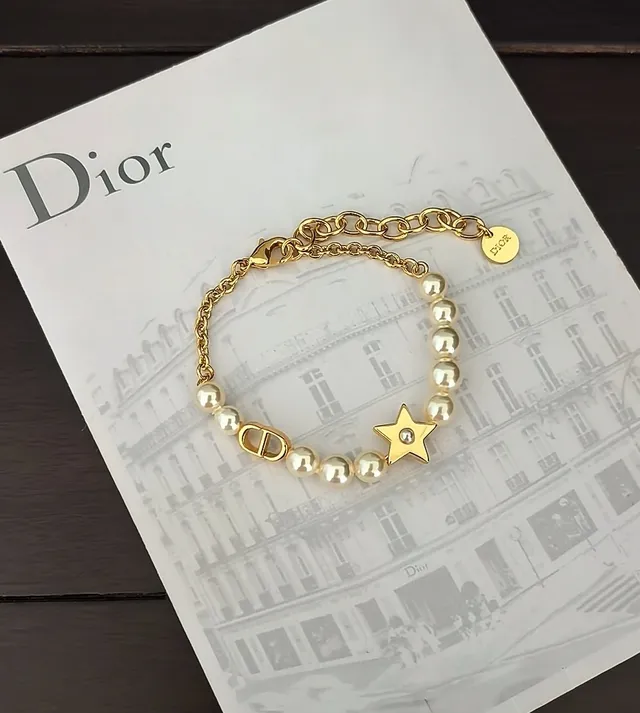 Dior Rose des Vents Pulseira de Corrente de Pérolas Dourado Branco 3