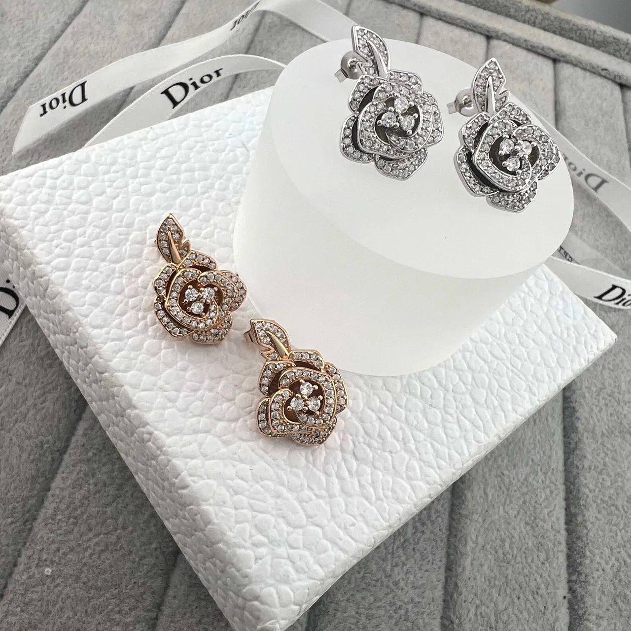Dior Rose des Vents Argent Or Pavé-Crystal Boucles d'oreilles 4
