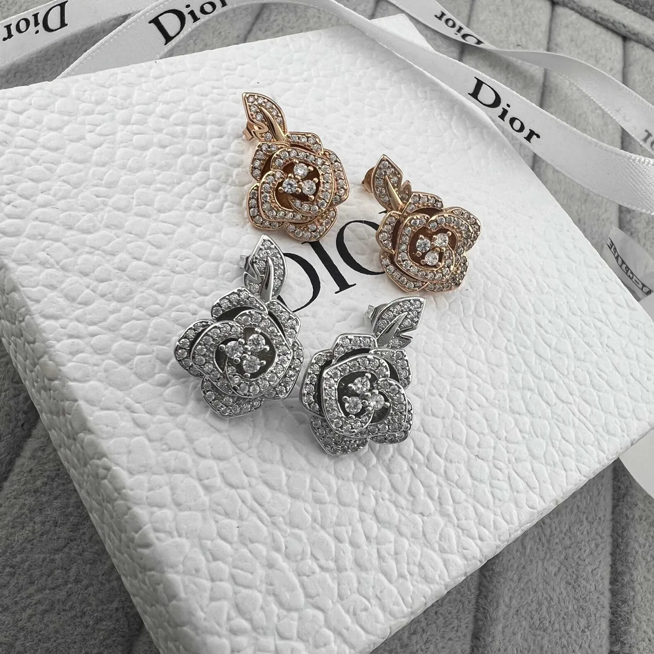 Dior Rose des Vents Argent Or Pavé-Crystal Boucles d'oreilles 5
