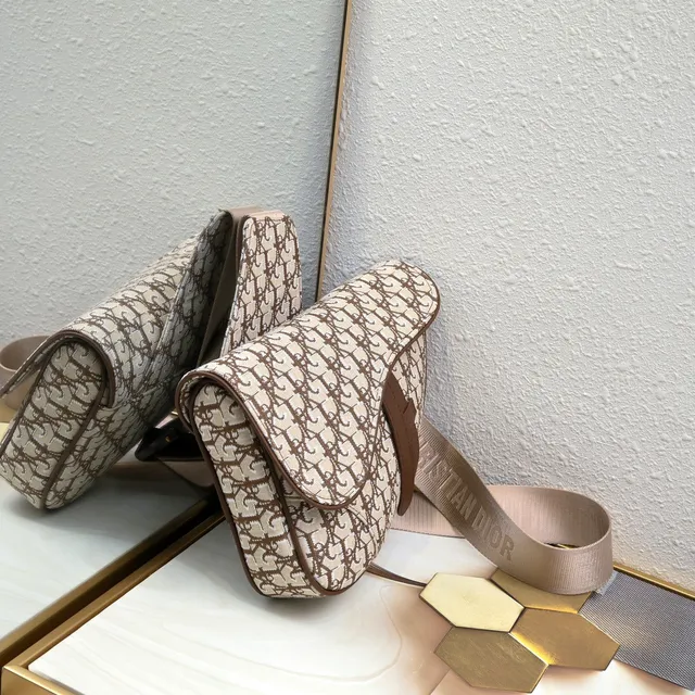 Dior Saddle भेज भूरा मोनोग्रामित कैनवास सिल्हूट सैडल बैग 9