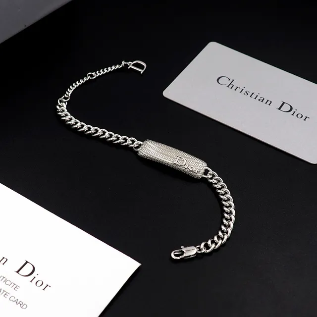Dior Silver Curb-Link Chain Engraved Chevron-Textured Bar Bracelet 5