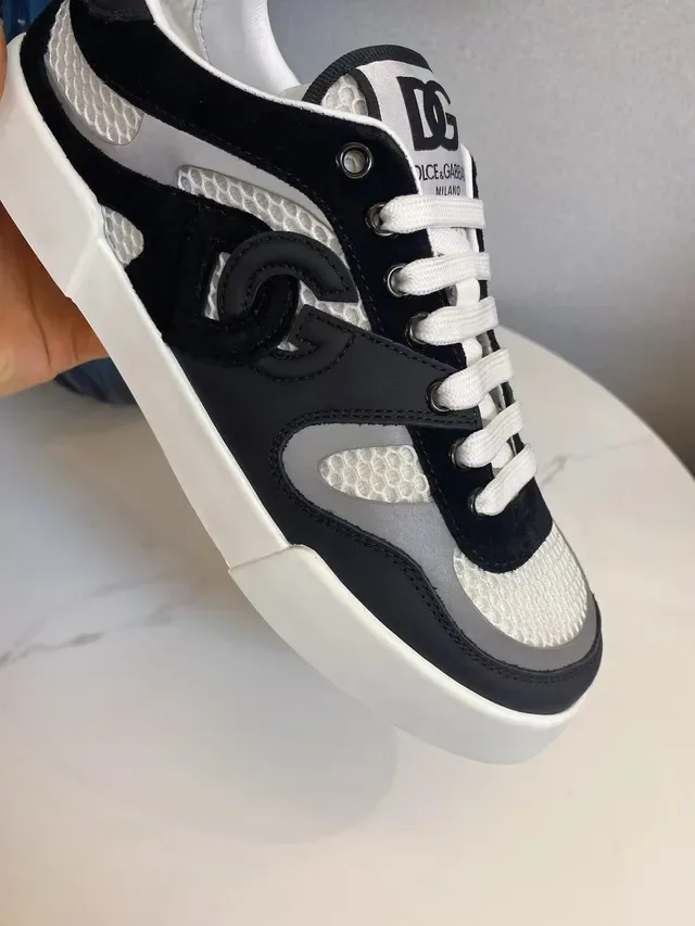 Dolce & Gabbana NS1 أسود أبيض شبكة و جلد ناعم بانيلات بارزة DG تراكب المونوغرام حذاء أسلوب حياة 5