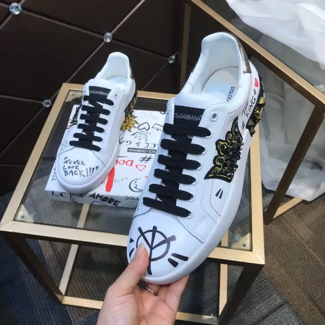 Dolce & Gabbana White Black Leather Upper Graffiti Graphics Lifestyle Sneakers 4