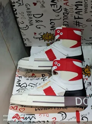 Dolce & Gabbana White Red High-Top Asymmetrical Strap Lifestyle Sneakers 4