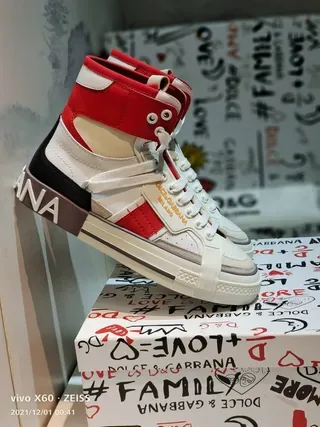 Dolce & Gabbana White Red High-Top Asymmetrical Strap Lifestyle Sneakers 5