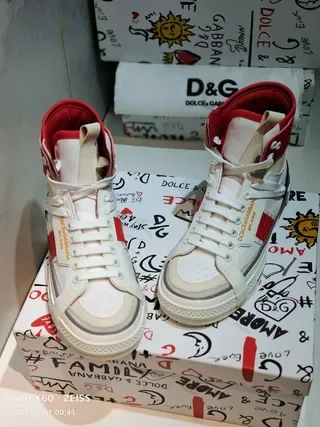 Dolce & Gabbana White Red High-Top Asymmetrical Strap Lifestyle Sneakers 6