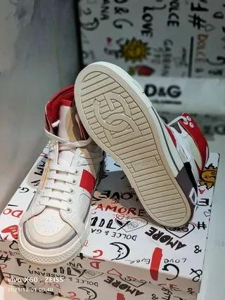 Dolce & Gabbana White Red High-Top Asymmetrical Strap Lifestyle Sneakers 7