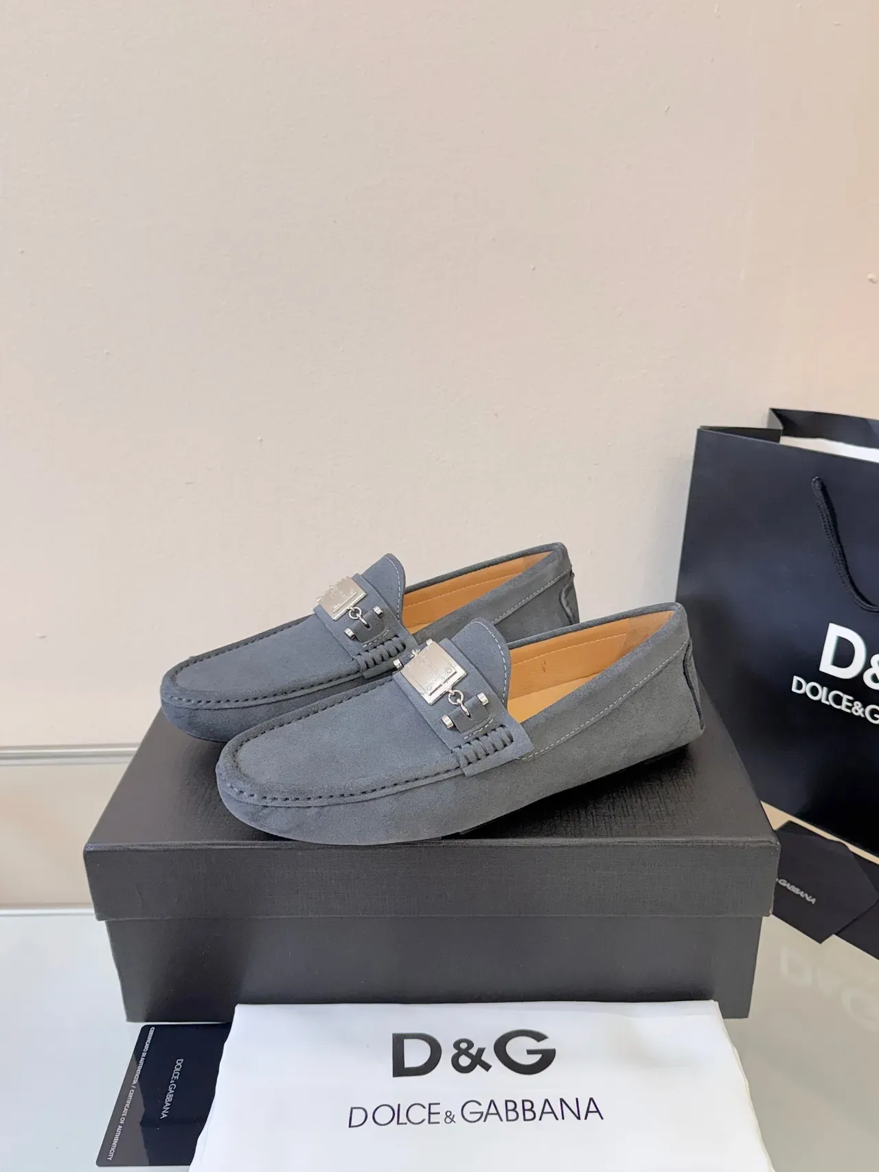 Dolce & Gabbana Portofino Gray Black Suede Upper Metal Plaque Buckle Loafer 2