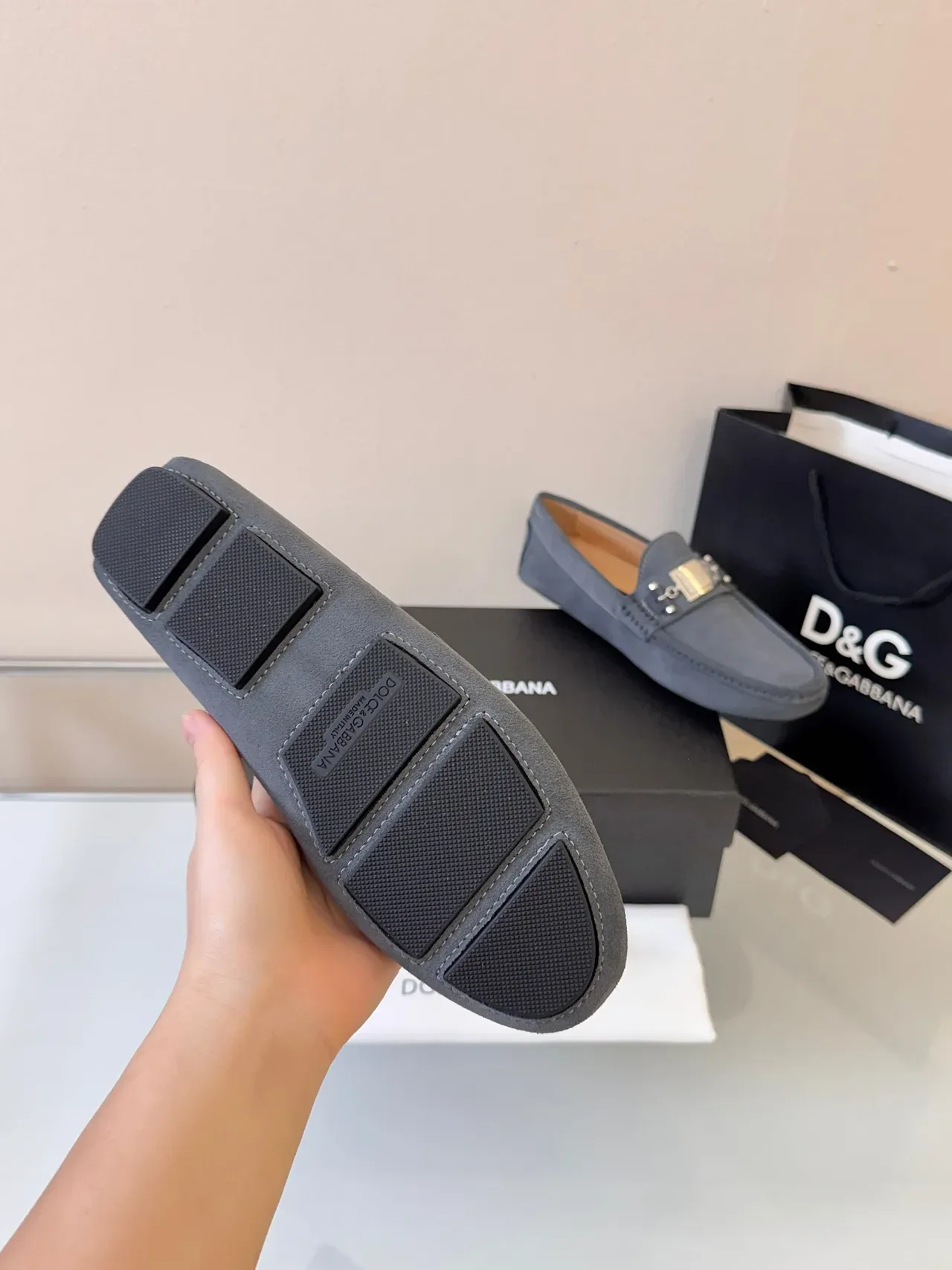 Dolce & Gabbana Portofino Gray Black Suede Upper Metal Plaque Buckle Loafer 4