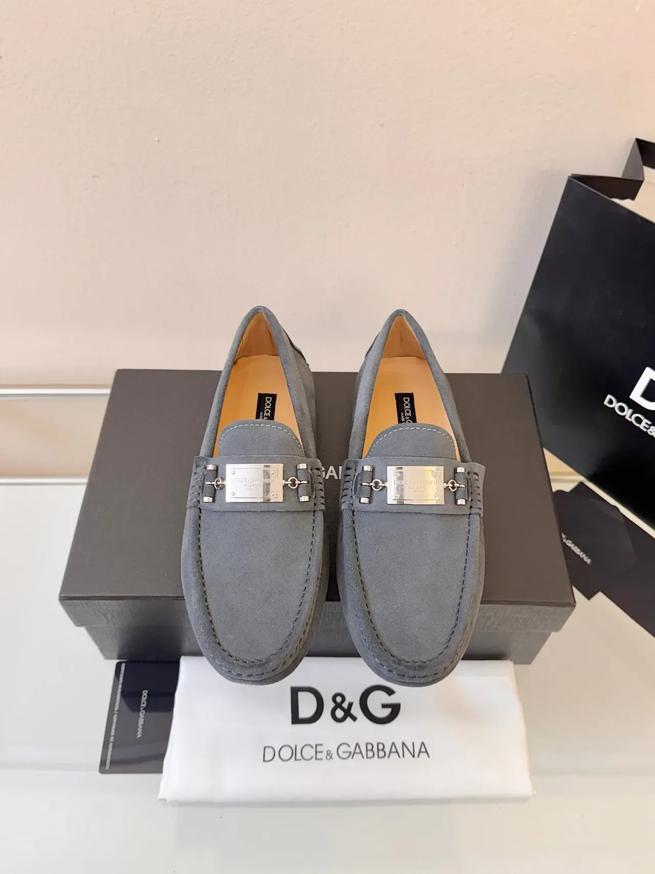 Dolce & Gabbana Portofino Gray Black Suede Upper Metal Plaque Buckle Loafer 5