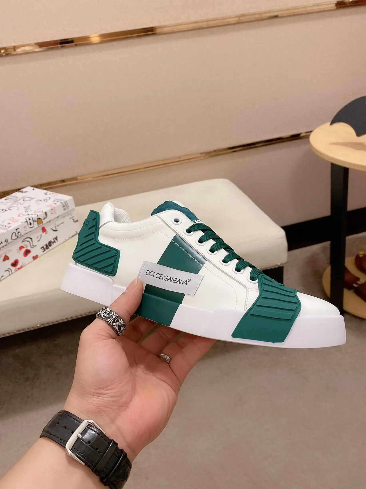 Dolce & Gabbana White Green Leather Upper Emerald Rubber Overlays Lifestyle Sneakers 7