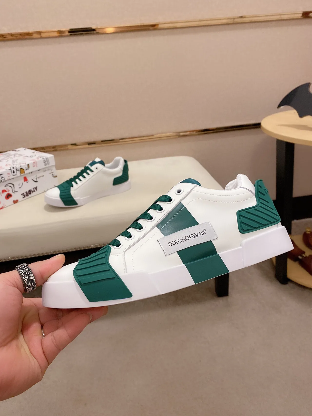 Dolce & Gabbana White Green Leather Upper Emerald Rubber Overlays Lifestyle Sneakers 8
