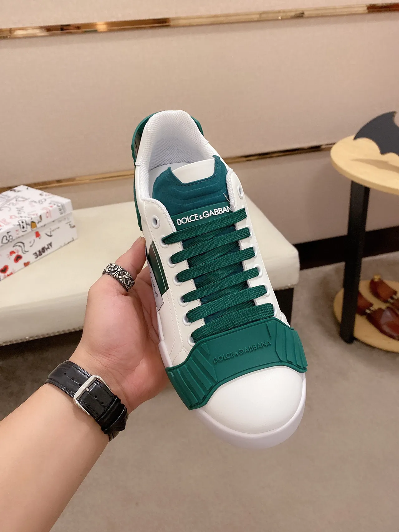 Dolce & Gabbana White Green Leather Upper Emerald Rubber Overlays Lifestyle Sneakers 9