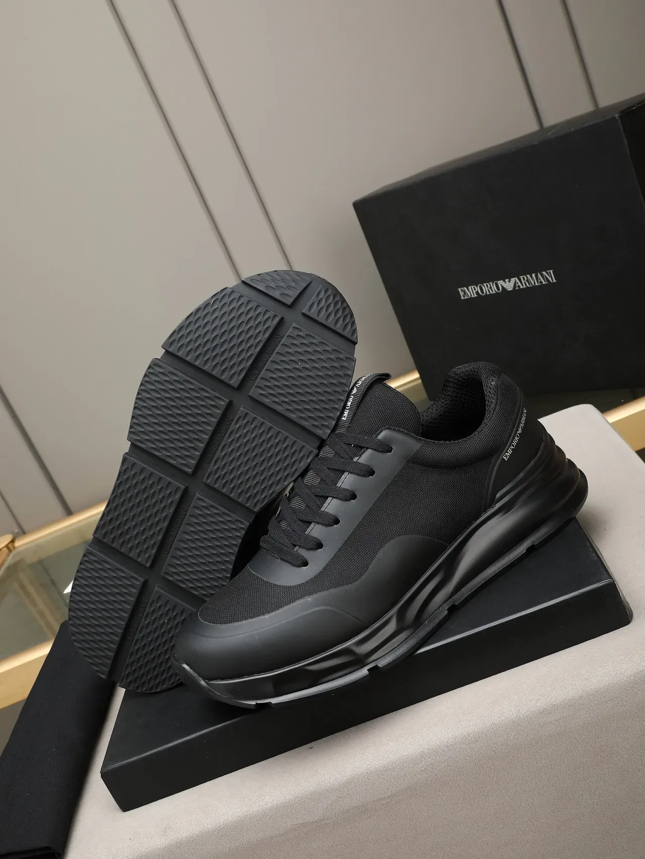 Emporio Armani Black Mesh and Synthetic Lifestyle Sneaker 4