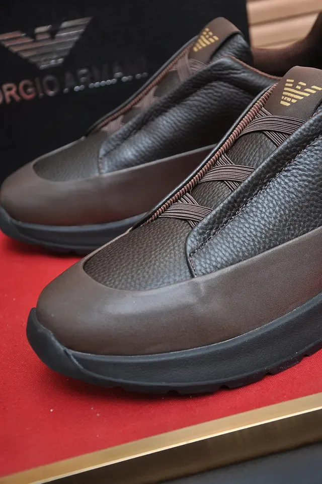 Emporio Armani Sneakers Slip-On Cuir Marron 2