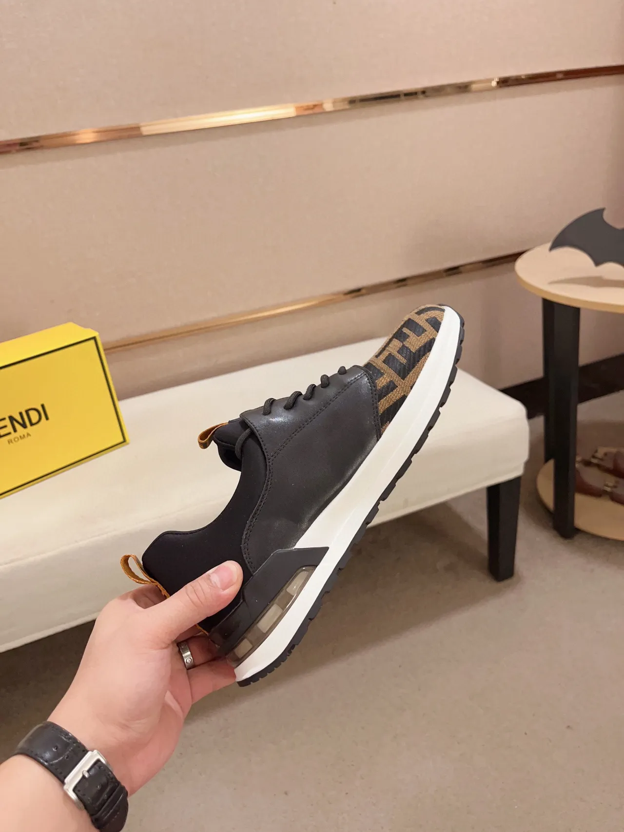 Fendi Preto Marrom FF Monogram Painel de Tecido e Couro Tênis Lifestyle 6